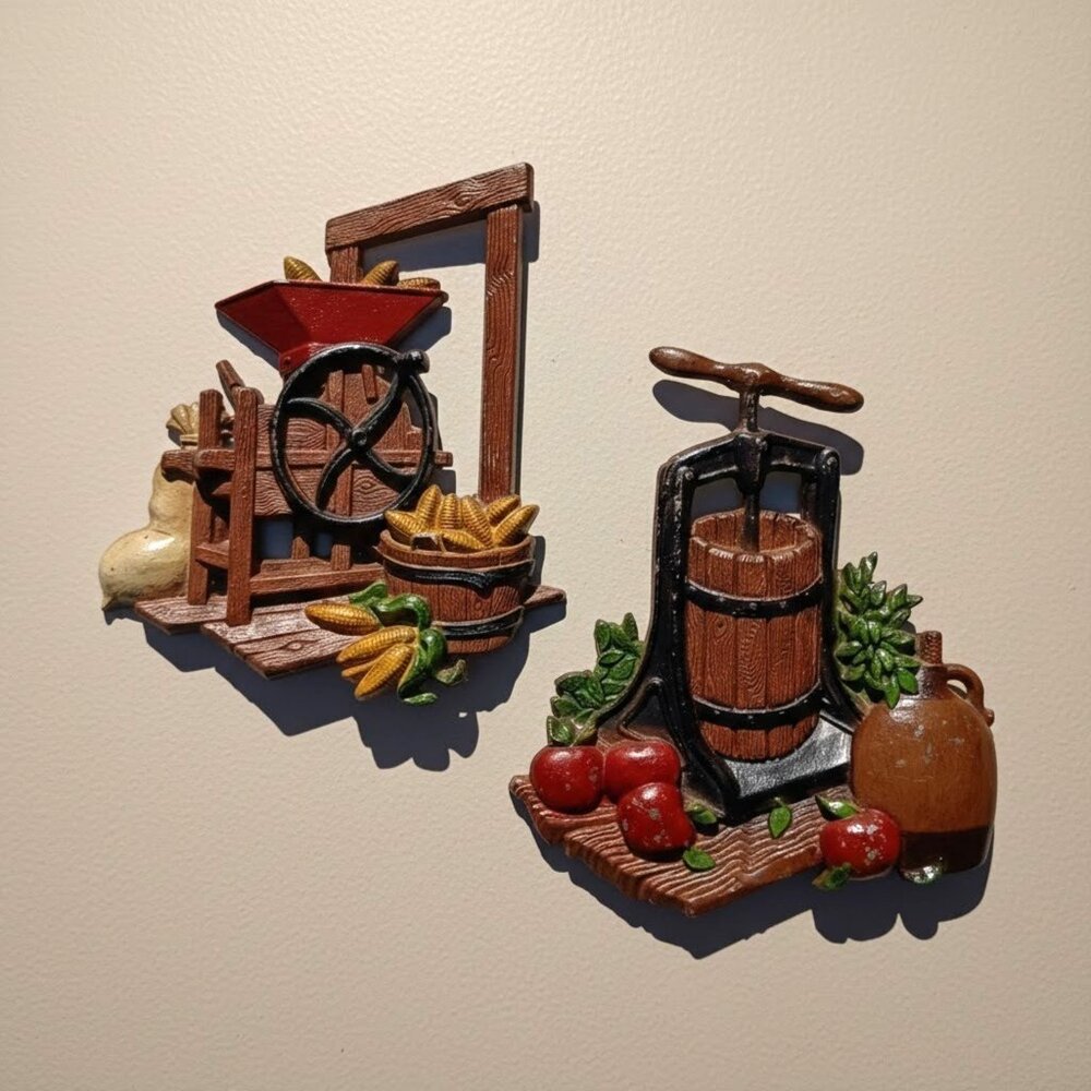 Vtg Homco Mid-Century Cast Iron Wall Plaques Cider Press Corn Mill Harvest Farm